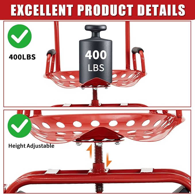 Rolling Garden Cart Workseat with Wheels, 360 Degree Swivel Gardening Stool, Extendable Steering Handle, Tool Tray, 10-Inch Inflatable Tires, Reinforced Steel Frame