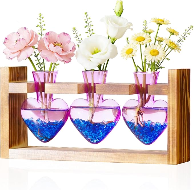 Nacome Plant Terrarium Propagation Stations: Mothers Day Gifts for Mom Plant Lovers Women Wife Daughter - 3 Bulb Glass Vase with Wooden Stand Tabletop for Hydroponics Home Garden Decor(Purple)