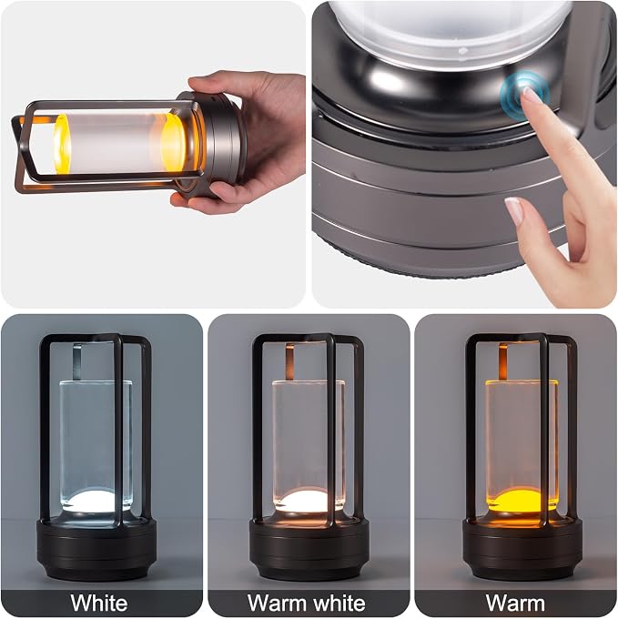 HAPYGI Portable Metal Table Lamp for Indoor/Outdoor,Rechargeable Cordless LED Lamp, 3-Colour Infinitely Dimming Battery Powered Small Desk Lamp, Restaurant/Bedroom/Bar/Coffee/Camping Light (Grey)