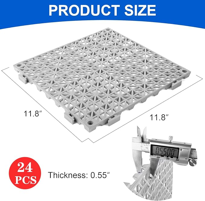 MYFAMIREA Modular Interlocking Cushion 24 Pack 11.8" x 11.8" Rubber Floor Tiles Non-Slip Splicing Drainage Mats for Deck, Pool, Outdoor Shower, Patio, Balcony, Indoor Bathroom, Kitchen, Yard (Gary)
