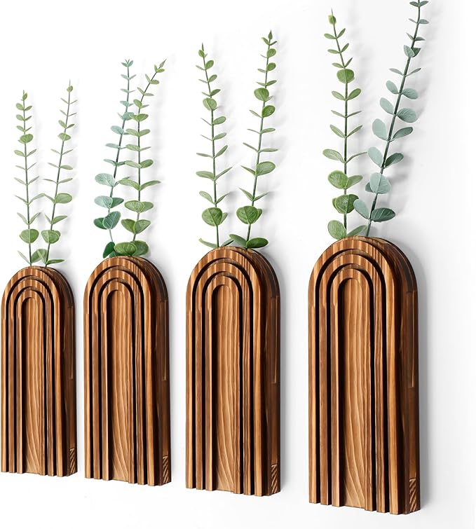 Ziliny 4 Pack Wall Planter Indoor Decor Plant Holders Boho Wood Hanging Vases for Modern Farmhouse Living Room Bedroom Rainbow Decor (Dark Brown)