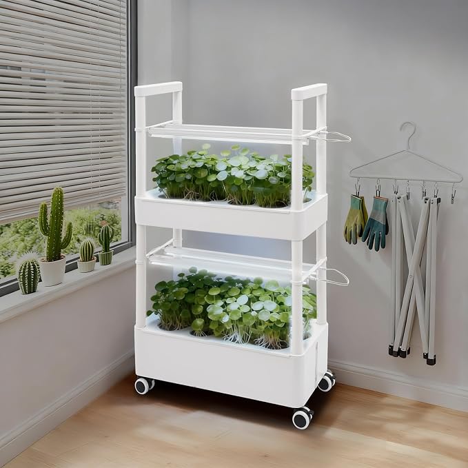 2-Tier 28-Hole Hydroponics Growing System with LED Grow Lights, 5.28Gal Indoor Hydroponic Grow Kit with Automatic Water Circulation, 4 Wheels for Vegetables, Herbs, Lettuce, White