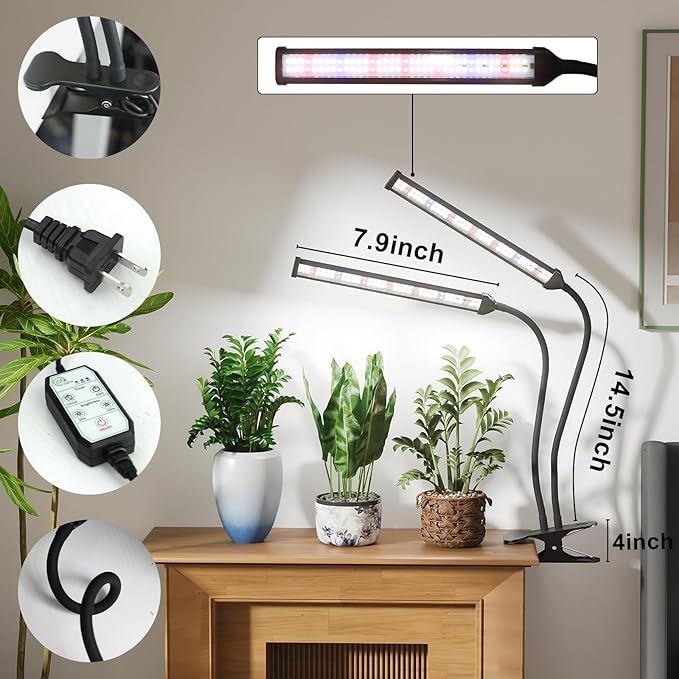 GooingTop Grow Light,24W (160Watts Equiv) 5000K White Full Spectrum LED Growing Lamp Clip on Desk for Indoor Plants,Bulbs Replaceable & Non-dimmable (Black, 80Watts)