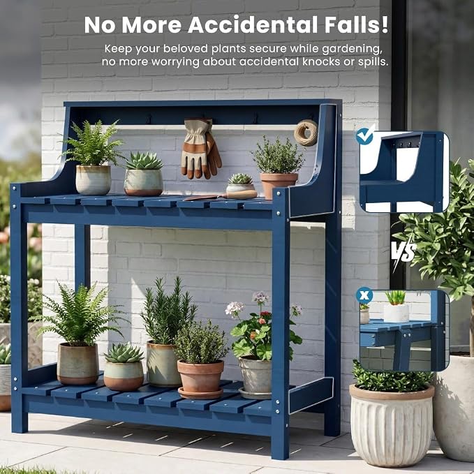 Potting Benches for Outside, HDPE Garden Potting Table All Weather, Outdoor Potting Table with Storage for Patio, Backyard, Garden, Dark Blue