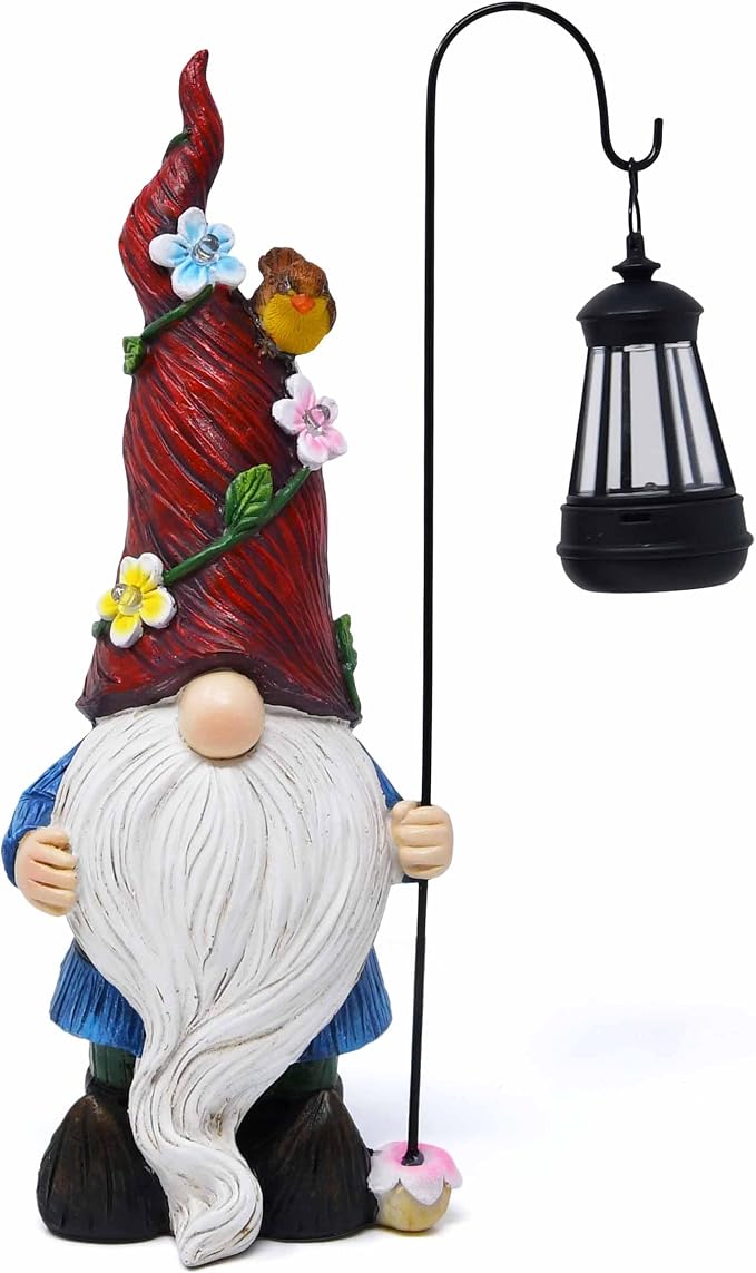 Outdoor Garden Gnome Statue with Solar Lantern Light Resin Yard Decor Patio Lawn Pathway Figurine Holiday Decoration Gnome Gift for Women Mom