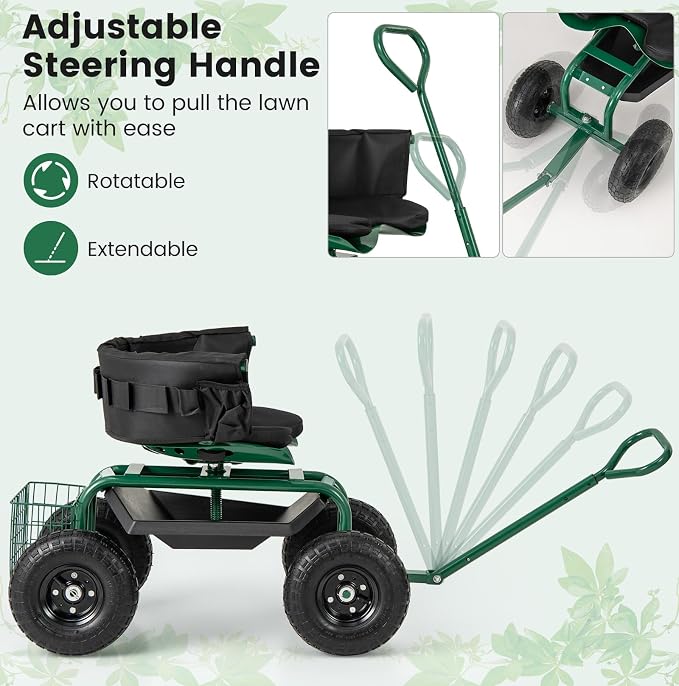 Garden Cart with Seat, Heavy-Duty Rolling Wagon Scooter with Wheels, Height Adjustable & 360° Swivel Seat, Storage Tray, Basket & Handle, Outdoor Gardening Work Seat for Patio Yard(Green)