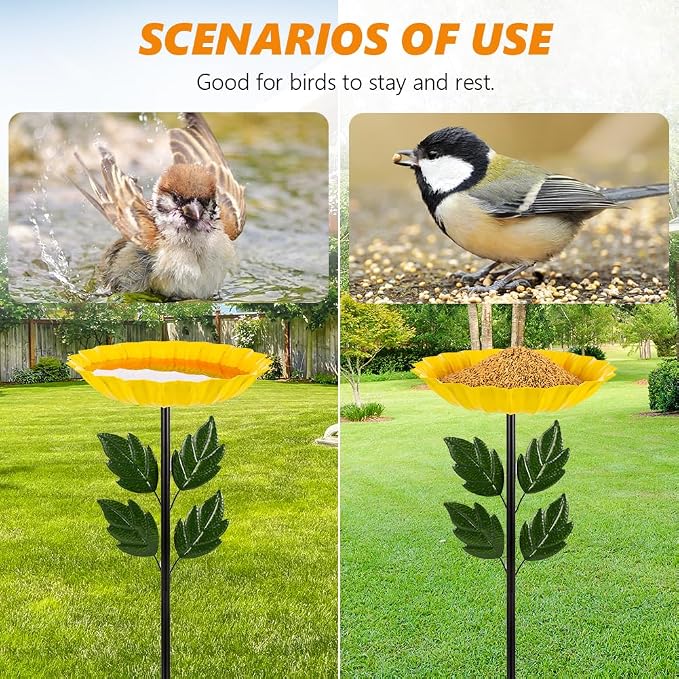 Birdbaths for Outdoors,Sunflower Bird Bath for Outside,41 Inches Flower Standing Birdbath & Birdfeeder with Metal Stake Garden Yard Lawn Decor