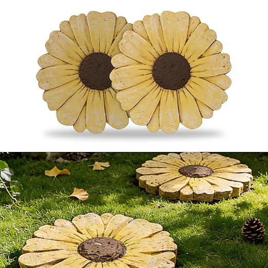 2 Pack Daisy Cement Stepping Stones 10 Inch, Heavy Duty Garden Pathway Stones, Non Slip Outdoor Walkway Decor for Yard Patio Lawn, Weather Resistant Cement Stepping Stones (Yellow)