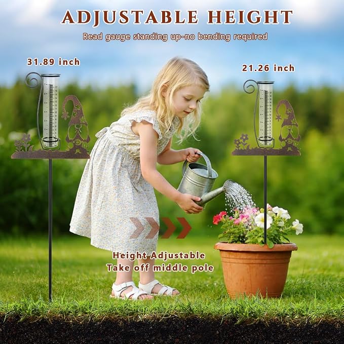 Rain Gauge Outdoor, Gnome Rain Gauges for Yard, Freeze Proof Rain Gauge with 7" Glass Tube, Metal Decorative Garden Stake for Measuring Precipitation