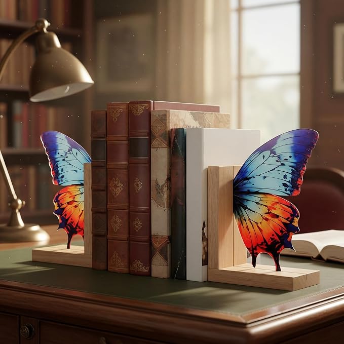 Decorative Butterfly Bookends Wooden Acrylic Butterflys Bookend Modern Bookshelf Decor Accent Book Stopper Decor for Home Farmhouse Shelves Office Lover Gift(Aglais Butterfly)
