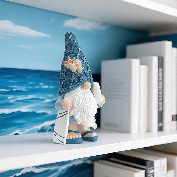Etlemonde Beach Gnomes Statues, Ocean Gnomes, Nautical Themes Decoration, Resin Gnome Holding a Surfboard, 8.6 Inches