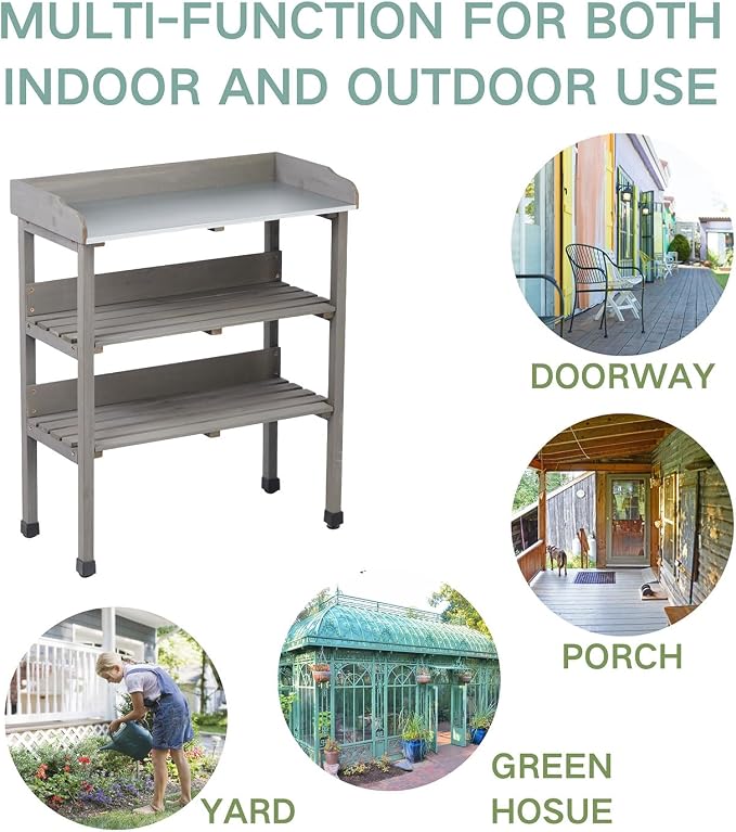 Outdoor Garden Potting Bench Table, Fir Wood & Metal Top Gardening Workstation with 2 Shelves, Water-Resistant Surface, 30.5" x 14.6" x 35.5",Gray