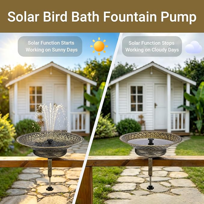 Solar Bird Bath for Deck Railing, 12.6“ Metal Solar Powered Bird Bath Fountain with Bubbler, 3.5” Adjustable Clamp for Balcony & Patio, 2-in-1 Deck Bird Feeder for Garden Yard Decor, Gold
