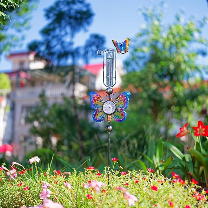 Rain Gauge Outdoor with 7 Inch Tube, Rain Gauges with Thermometer Waterproof Measure Gauge Decor for Yard, Garden, Lawn(Butterfly)