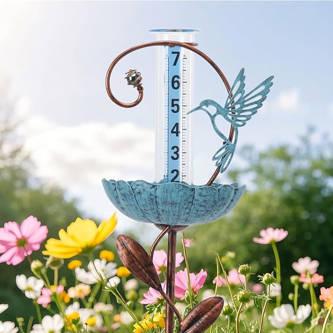 WONDER GARDEN Rain Gauge Outdoor, Decorative Hummingbird Rain Gauges Outdoors Best Rated, Freeze Proof Glass Water Rain Measure Gauge with Bird Feeder for Yard Patio Lawn Decor