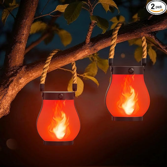 Hompavo Gen2 Solar Lanterns Outdoor with Ultra-Real Flame, Dual Charging (USB/Solar) & 2 Modes - Waterproof Decorative Hanging/Table Lights for Patio Garden Halloween Christmas Decorations, 2/Red