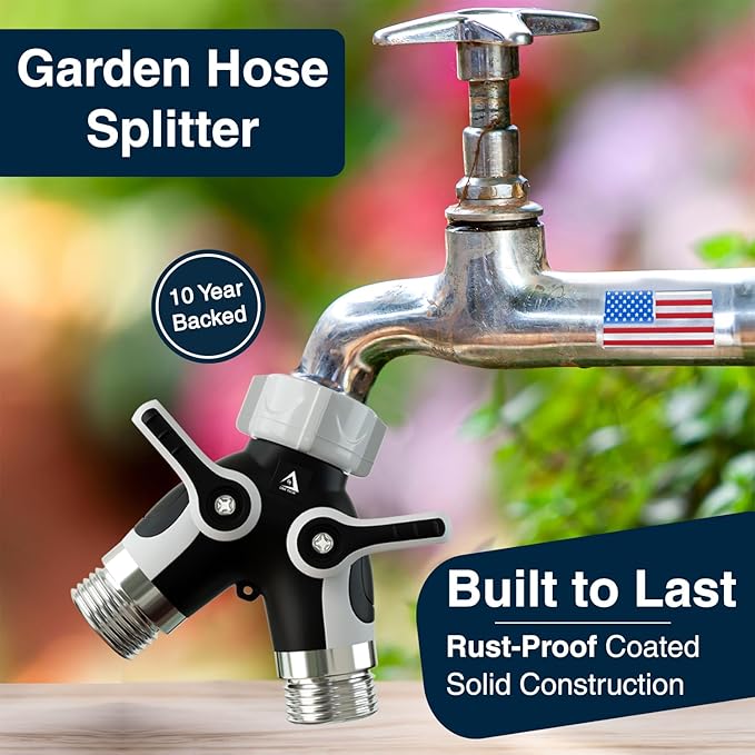 DBR Tech® Hose Splitter 2 Way, Heavy Duty Metal Connector, Two Way Garden Hose Splitter, High Flow Spigot Faucet Bib Adapter, Solid Double Y Shut Off Valve for Outdoor Gardening Hoses, Grey