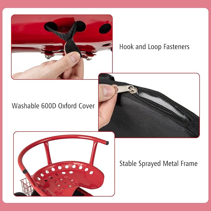 Goplus Rolling Garden Seat with Wheels, Outdoor Garden Cart with 360° Swivel Seat & Tool Storage, 2 Steering Handles, Gardening Stool Wagon Scooter, Lawn, Patio Gardening Workseat for Seniors