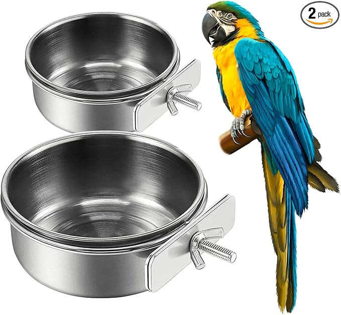 2Pcs Stainless Steel Bird Feeding Bowls, Small Bird Feeding Cup, Stainless Steel Parrot Food Bowl Cage with Holder, Parrot Cage Water Feeder, Pet Cage Cup Holder (Dia 4.72", 5.51",)