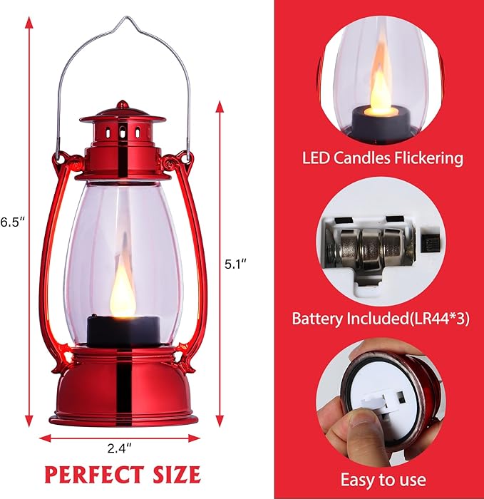 LLQ 12 Pack Vintage Decorative Lanterns, Red Mini Candle Lantern Decorative LED Candle Holders with Flameless Candles for Wedding Table Centerpieces, Christmas Party Outdoor Decorations