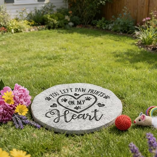 Landoraloria Pet Memorial Stone, 10” Cement Heart Stepping Stone, Outdoor Garden Remembrance Stone for Loss of Dog or Cat – “You Left Paw Prints on My Heart”