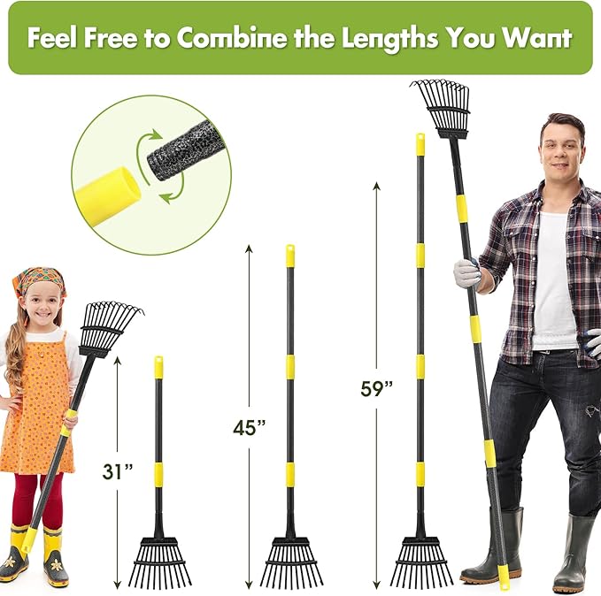 Rake for Leaves, Heavy Duty Small Leaf Rakes for Lawns & Yard with 60” Length 8.5” Width 11 Metal Tines, Lightweight Gardening Rake for Women Men Kids for Shrub,Grass,Mulch