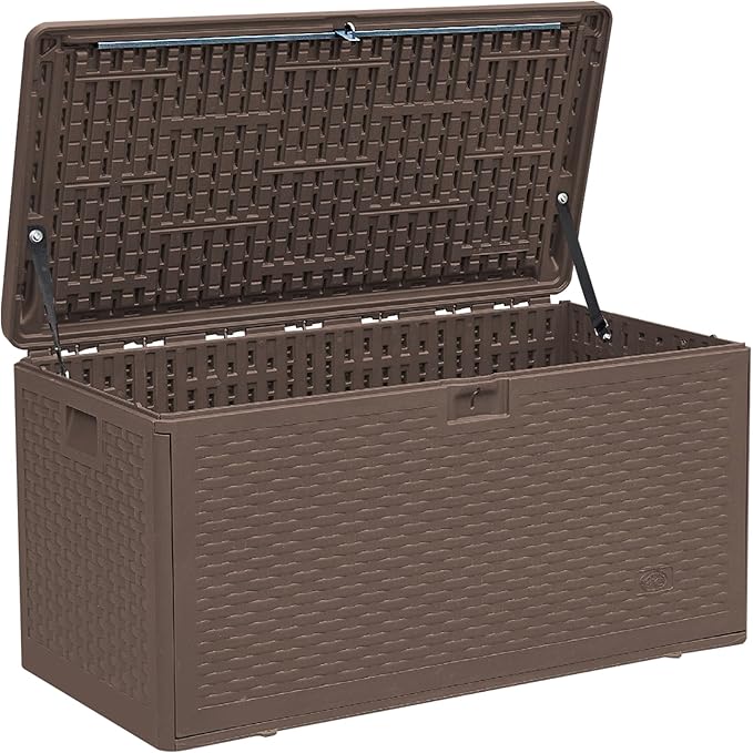 TARKARI 80 Gallon Deck Box,Outdoor Storage Box Lockable,Waterproof for Patio Furniture, Garden Tools, Pool Accessories, Package Delivery Boxes For Outside, Brown