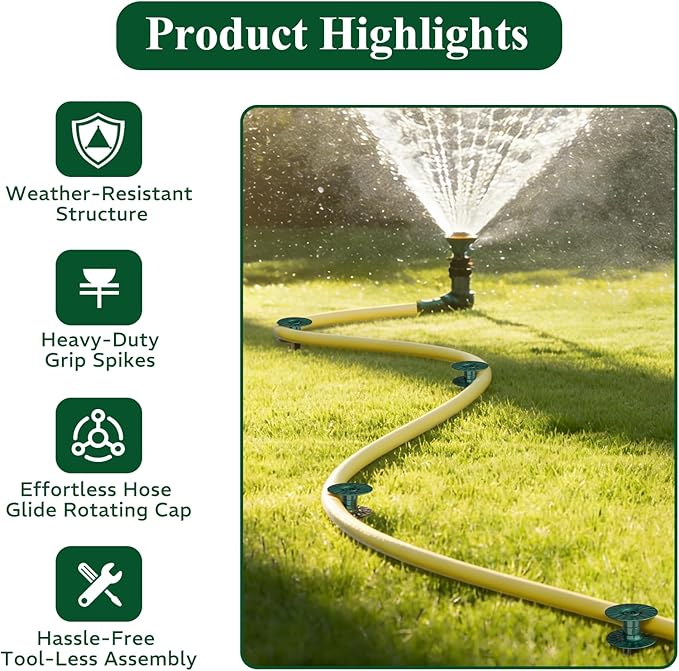 Zapdos 6PCS 10 Inch Heavy Duty Outdoor Yard Garden Hose Guides, Dark Green Metal Stakes with Rotatable Spin Top, Durable Hose Spikes Keep Water Hose Away from Flower Beds & Lawn Plants