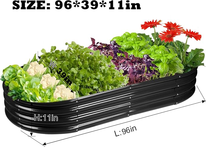 Rakukiri Raised Garden Bed GRS Certified Galvanized Planter Box Outdoor, 8ft Oval Rot-Resistant Metal Garden Bed Planter, Recycled Material Planter for Vegetables Flowers Herbs (Black)