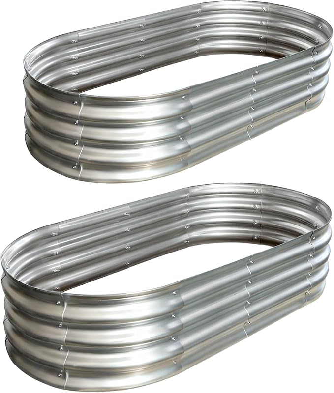 Galvanized Oval Raised Garden Bed, 4 x 2 x 1 ft 2-Pack, Metal Planter Box with Open Base. DIY Outdoor Gardening Kit for Backyard & Patio, Ideal for Vegetables, Flowers & Herbs, Silver