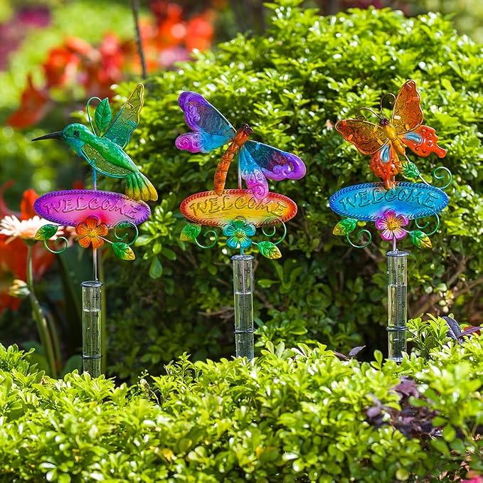 Rain Gauge Outdoor, 3 Pcs Hummingbird & Dragonfly & Butterfly Rain Gauges with 5" Plastic Tube, Decorative Garden Stakes with Welcome Sign for Spring Yard Patio Decor