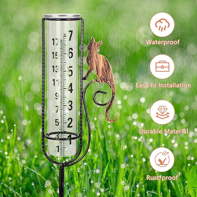 Rain Gauge Outdoor with 7 Inch Glass Tube, Rain Gauges Large Clear Numbers Measure Gauge for Yard, Garden, Lawn(Cat)