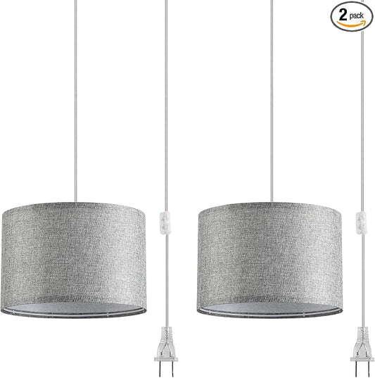 2 Pack Plug in Pendant Light, Hanging Light with 15Ft Clear Cord, On/Off Switch, Grey Fabric Lamp Shade, Hanging Light Fixture for Bedroom, Kitchen, Living Room, Dining Table