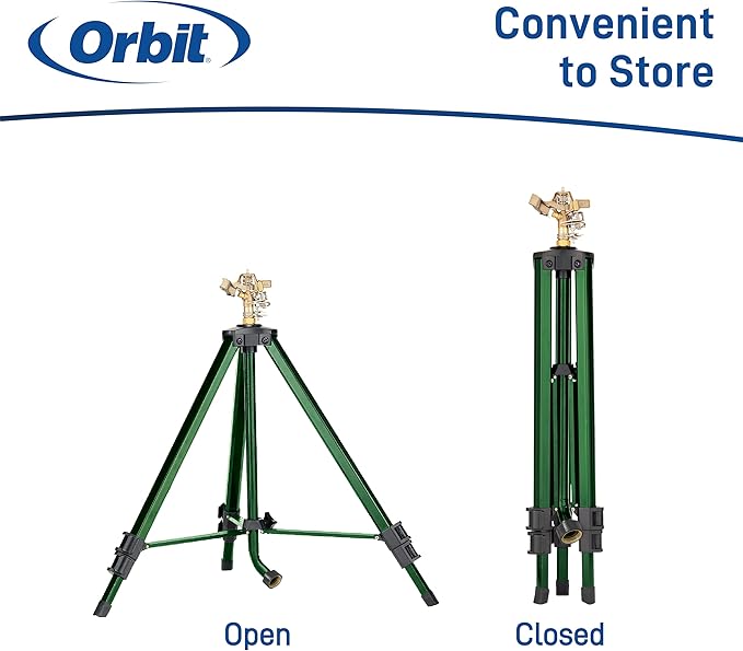 Orbit 1/2 Inch Brass Impact Sprinkler - Adjustable Metal Tripod - Long Range Lawn Watering System - 360 Degree Rotating Sprinkler - Heavy Duty Irrigation System - Adjustable 22-48 Inch Height - 58308