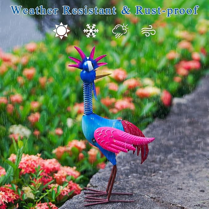 Metal Wacky Rooster Garden Statue, Rooster Decor Yard Statue Decorations Outdoor, Chicken Yard Art for Outside, Patio, Backyard, Lawn (Blue & Pink)