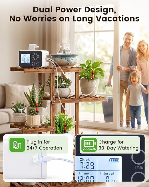 BAOSHISHAN 15 Potted Indoor Plant Watering System, Plug-in & Rechargeable | 30-Day Battery Power, 2 Emitter Types Fit All Plants, Indoor Plant Waterer with Easy Programmable Timer for Vacation Travel