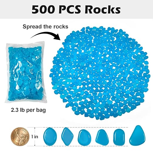 NAMTSO Glow in The Dark Rocks Outdoor, 500 pcs Blue Solar Rocks for Landscaping, Outdoor Decor Glow in The Dark Stones, Glowing Pebbles for Garden Backyard Patio Lawn Pond Fish Tank Aquarium Decor