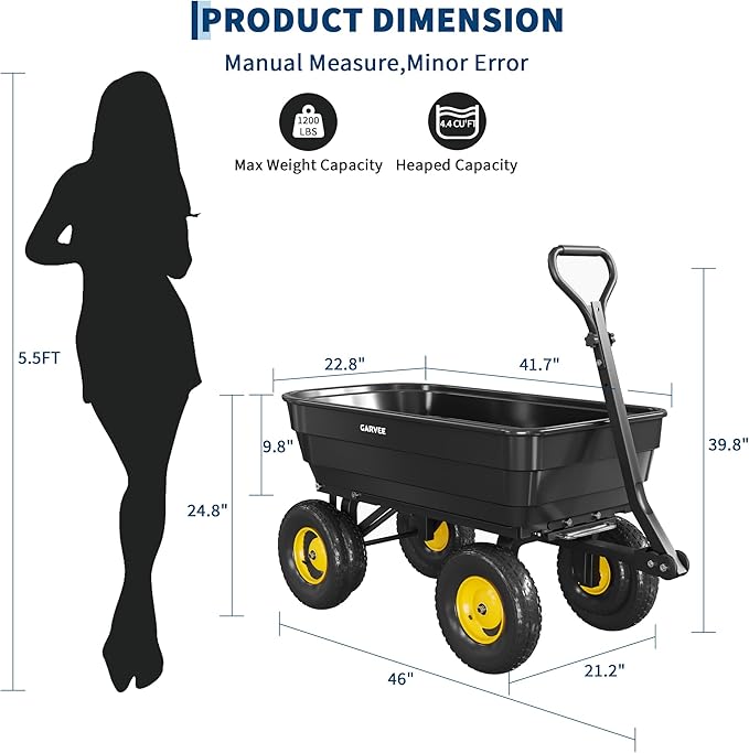 Garvee Poly Garden Dump Cart, Heavy Duty 1200lbs Wheelbarrow Yard Cart Dump Wagon with 13" All Terrain Wheels, Garden Utility Wagon with Quick Release System& Convertible Handle Attach to ATV (Black)