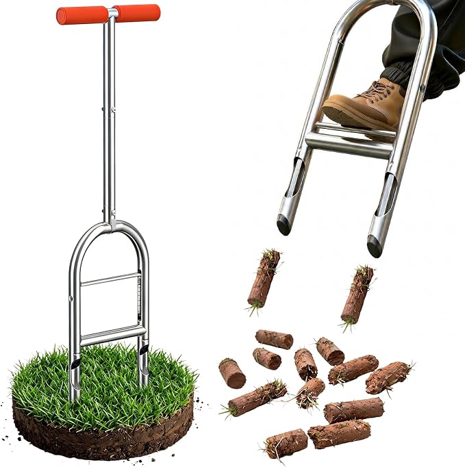 Manual Lawn Aerator Tool - Core Aerator with Step-to-Eject Technology for Never-Clogging Lawn Aeration, Heavy-Duty Steel Construction,Easy DIY Plug Aerator for Healthier Grass and Yard (Orange)