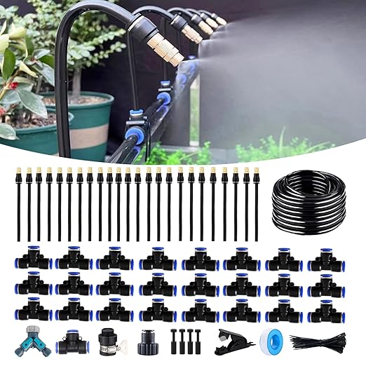100FT Drip Irrigation Kit, Automatic Garden Watering System with Tool-Free Quick Connectors, 360° Bending Drippers & Copper Misting Nozzles for Greenhouse, Patio, Lawn & Vegetable Garden. (30M)