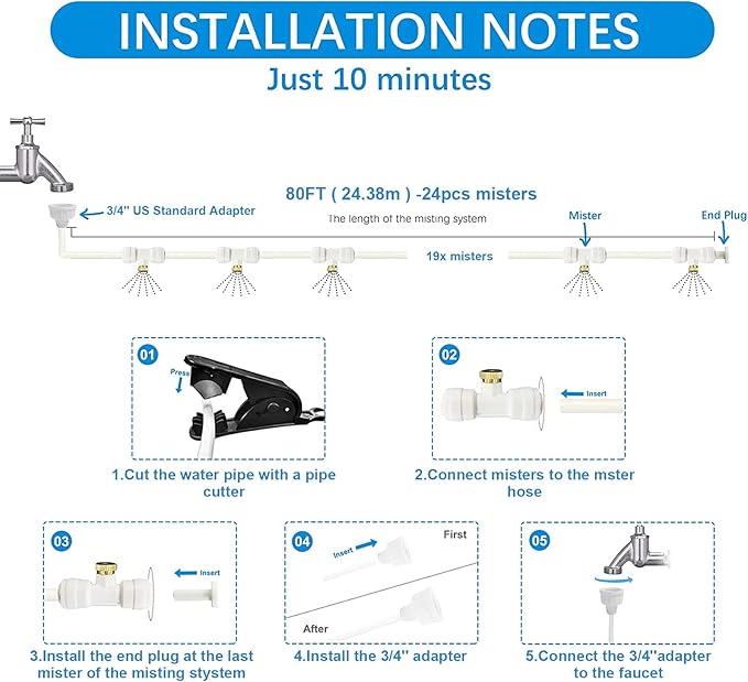 Patio Misters for Cooling Outdoor, Water Mister for Outside, 80FT|24M, White Backyard Misting Hose for Garden, Greenhouse, Fan, Deck, Umbrella, Canopy, Pool, Porch, Trampoline Sprinkler Mist,Park,Kids