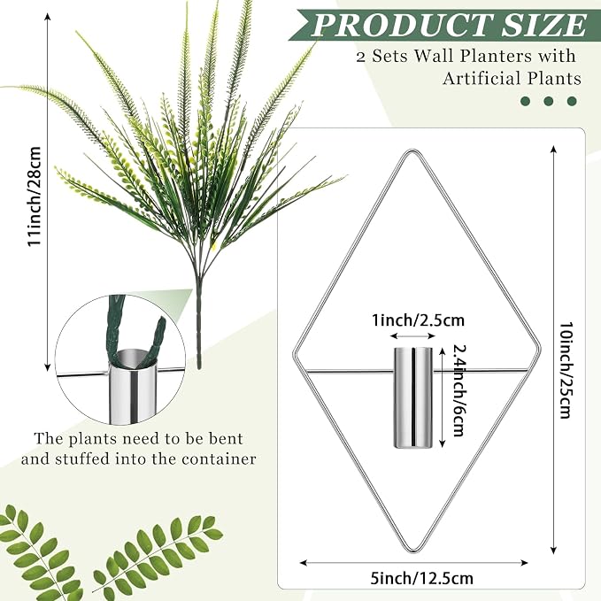 Canlierr 2 Pieces Wall Decor Hanging Planters with Artificial Plants Metal Hanging Vase Indoor Plants Holder Modern Boho Wall Art for Bathroom Bedroom Living Room Decor(Silver,Boston Fern)