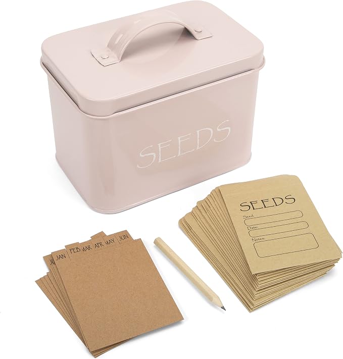 Katai Seed Storage Box – Durable Metal Seed Organizer Storage Box for Gardeners, Complete Seed Packet Storage Box with Lid, Monthly Dividers, 20 Envelopes & Pencil, Compact Seed Saver, Pink Flamingo