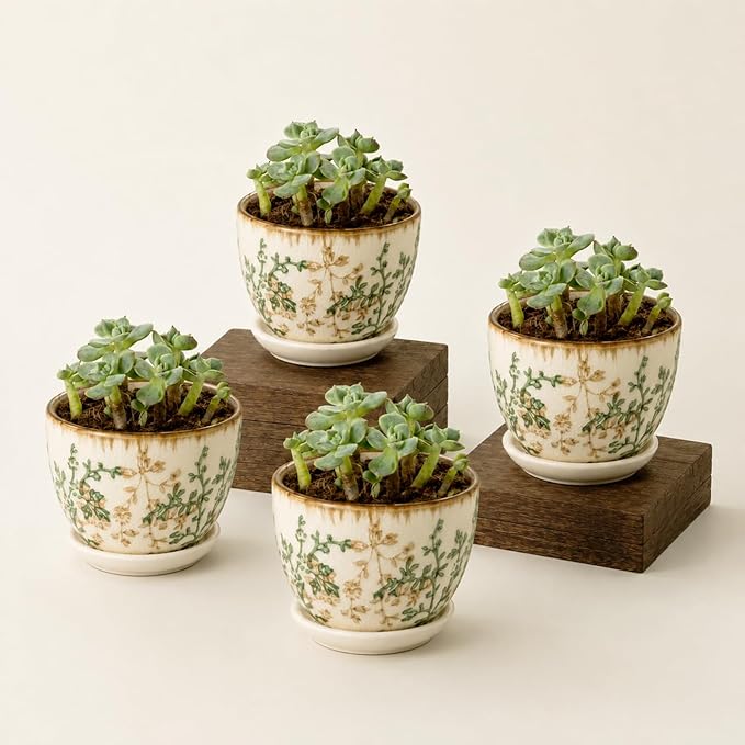 Ceramic Plant Pots, Nursery Pots with Drainage Hole, 3.5 Inch Succulent Pots for Plants, Small Indoor Flower Pots, Modern Decorative Planters for House Plants, Garden Planters, White Green