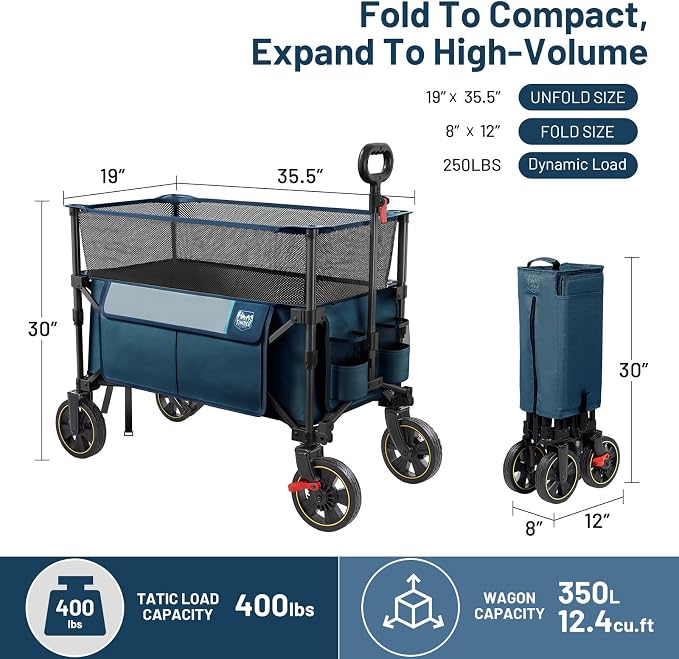 Timber Ridge 350L Extra Large Collapsible Folding Wagon Carts with Brake, Heavy Duty Outdoor Camping Utility Wagons with Extended Height, Adjustable Handle, Cup Holders, Side Bag(Blue)