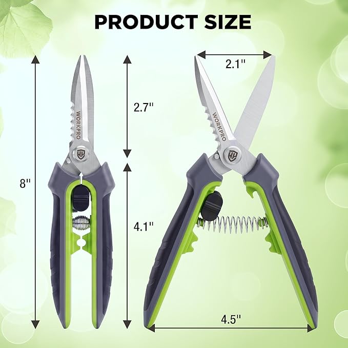 WORKPRO 8" Pruning Shears for Gardening, Multipurpose Stainless Steel Garden Shears with Sheath, Straight Pruning Scissors Garden Snips for Flowers, Fruits & Vegetables