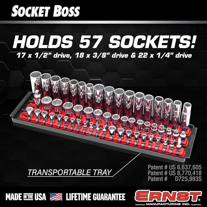 Ernst Manufacturing 8481 Socket Boss 3-Rail Multi-Drive Socket Holder Tray for Toolbox, Twist-Lock Secures Sockets, Green, Clips for SAE, Metric Socket Sets - Made in USA