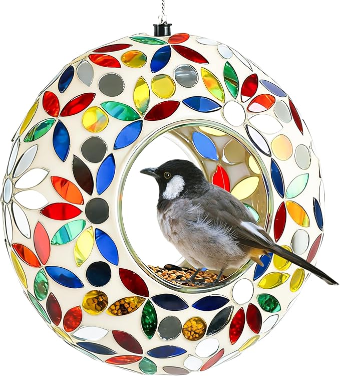6 Inch Mosaic Glass Hanging Bird Feeder for Outdoors，Fly Through Bird Feeders for Wild Birds, Cute Seed Container with Round Shape for Backyard Window Garden Porch, Colorful Floral Mosaic