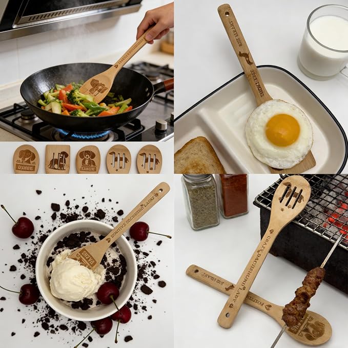 5Pcs Unique Dachshund Print Bamboo Spoon for Cooking - Wooden Spoons with Keychain Dachshund Decor Kitchen Utensils Gifts for Women Mom Couple Wife Hostesses House Warming