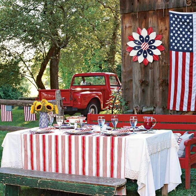 hogardeck 4th of July Decorations Outdoor, Red White Blue Metal Flower Wall Art for Fourth of July Decor, 3D Metal Floral Patriotic Decorations for Yard Garden Home Indoor